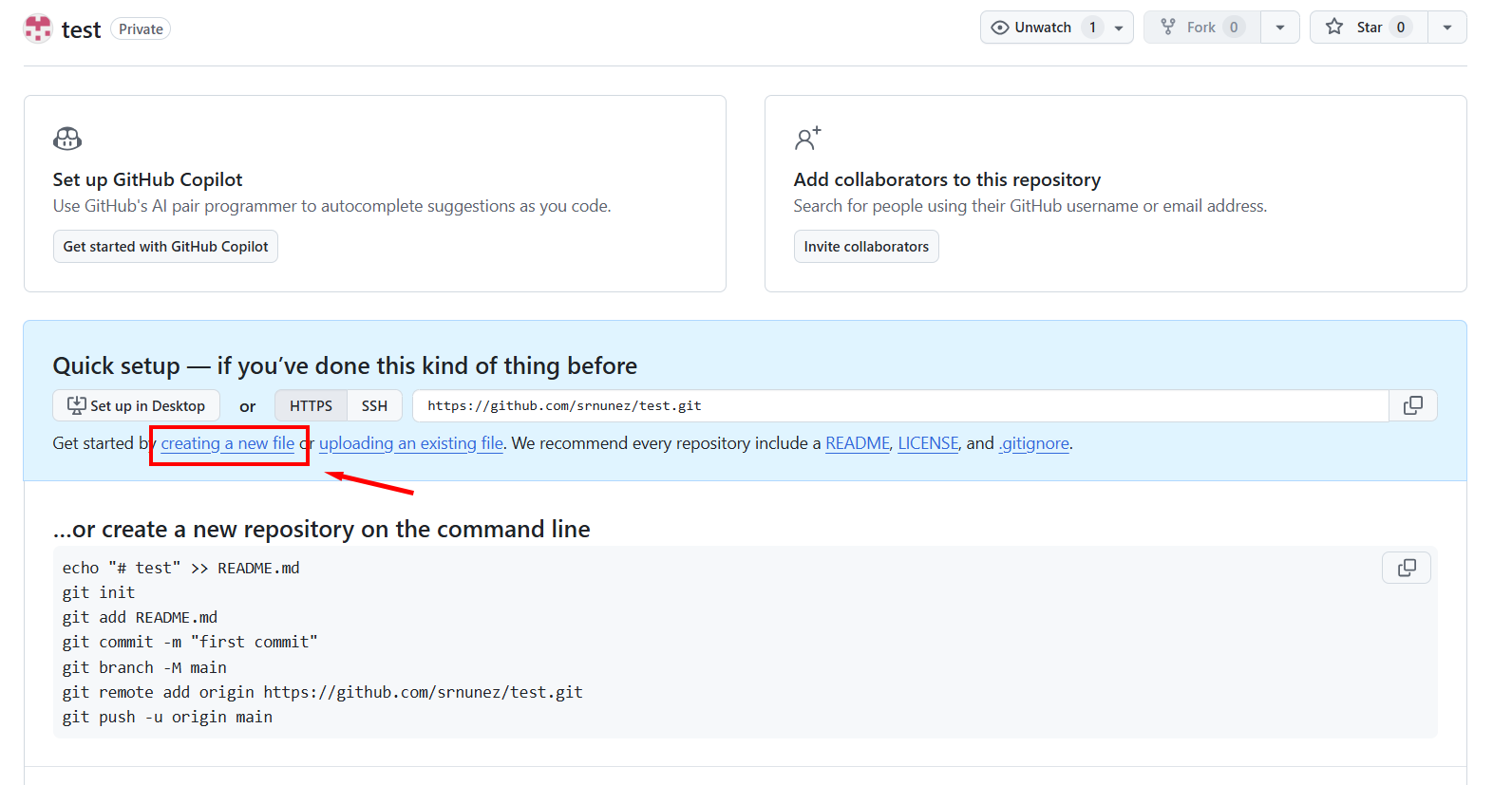 Image of new repository page on GitHub with text to add a file boxed in red