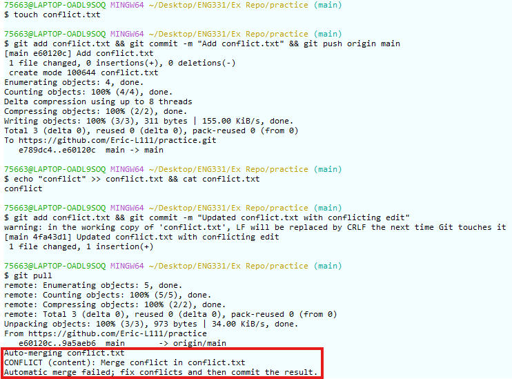 Image of console output displaying merge conflict