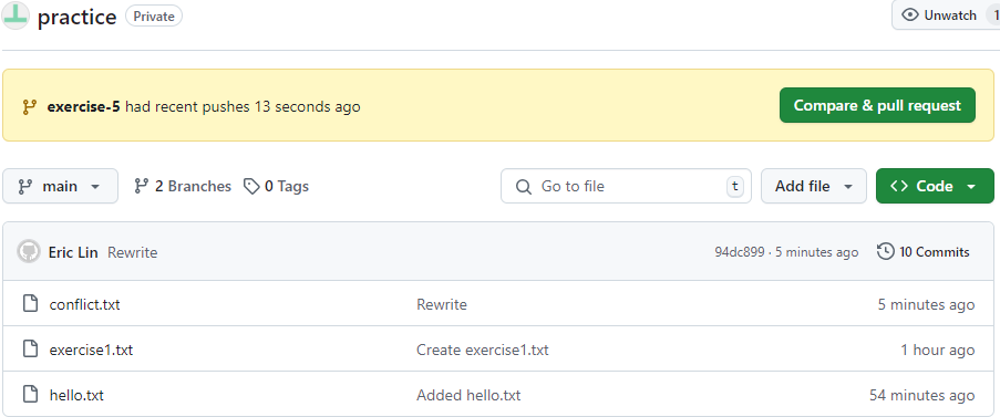 Image of GitHub displaying compare & pull for branch