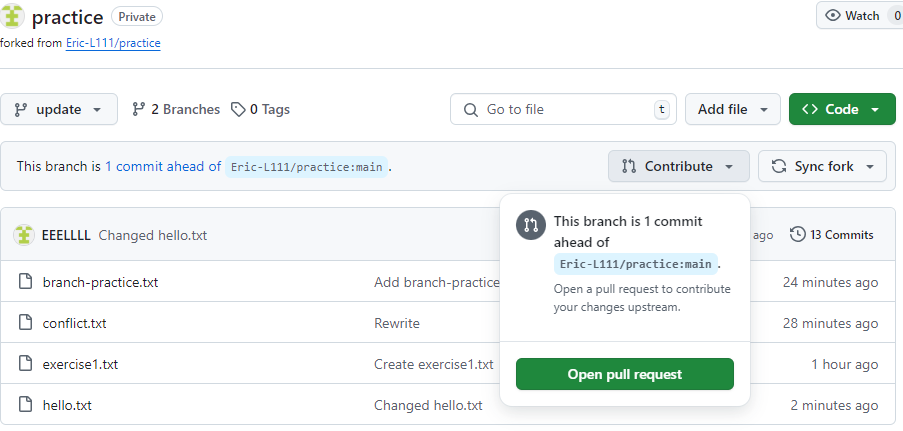 Image of GitHub displaying compare & pull for fork