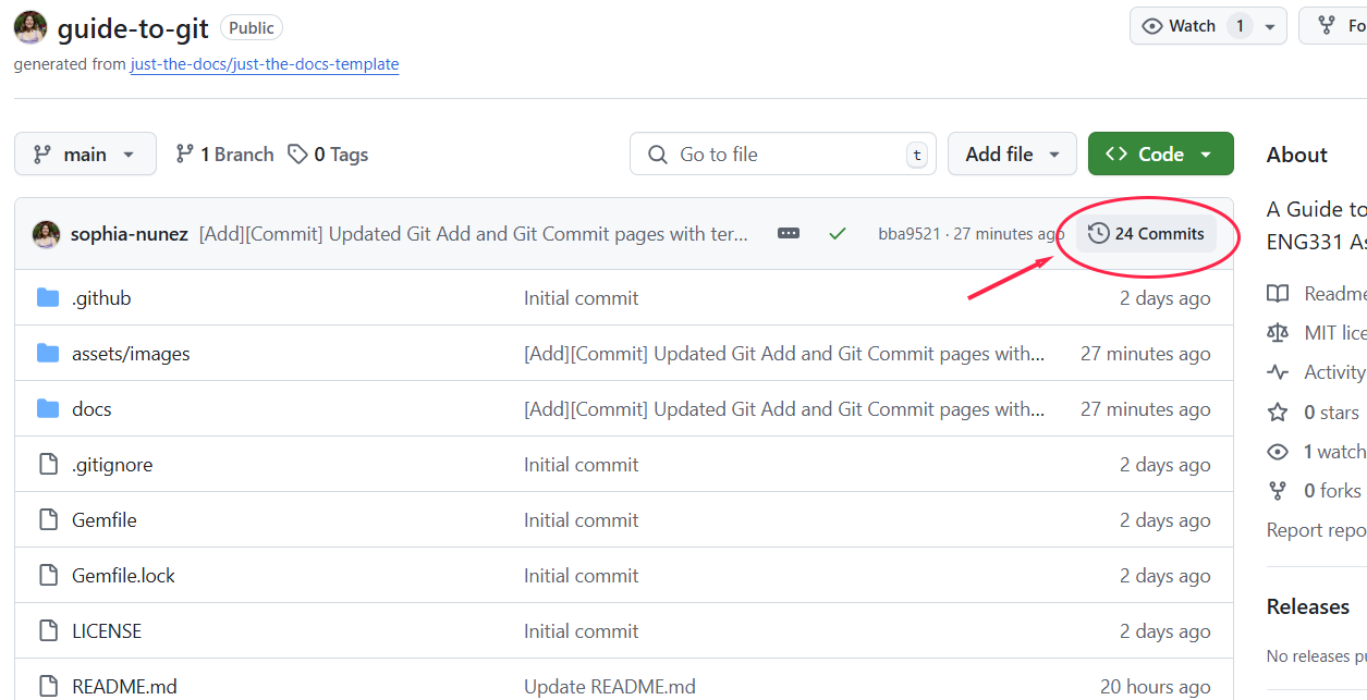 Image of the Guide to Git repository page with the Commit History icon circled in red