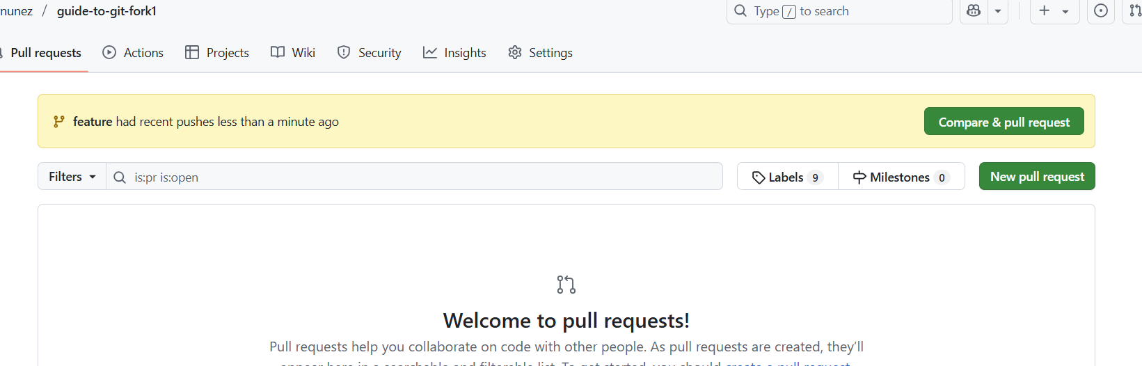 Image of compare & pull request button automatically shown on GitHub