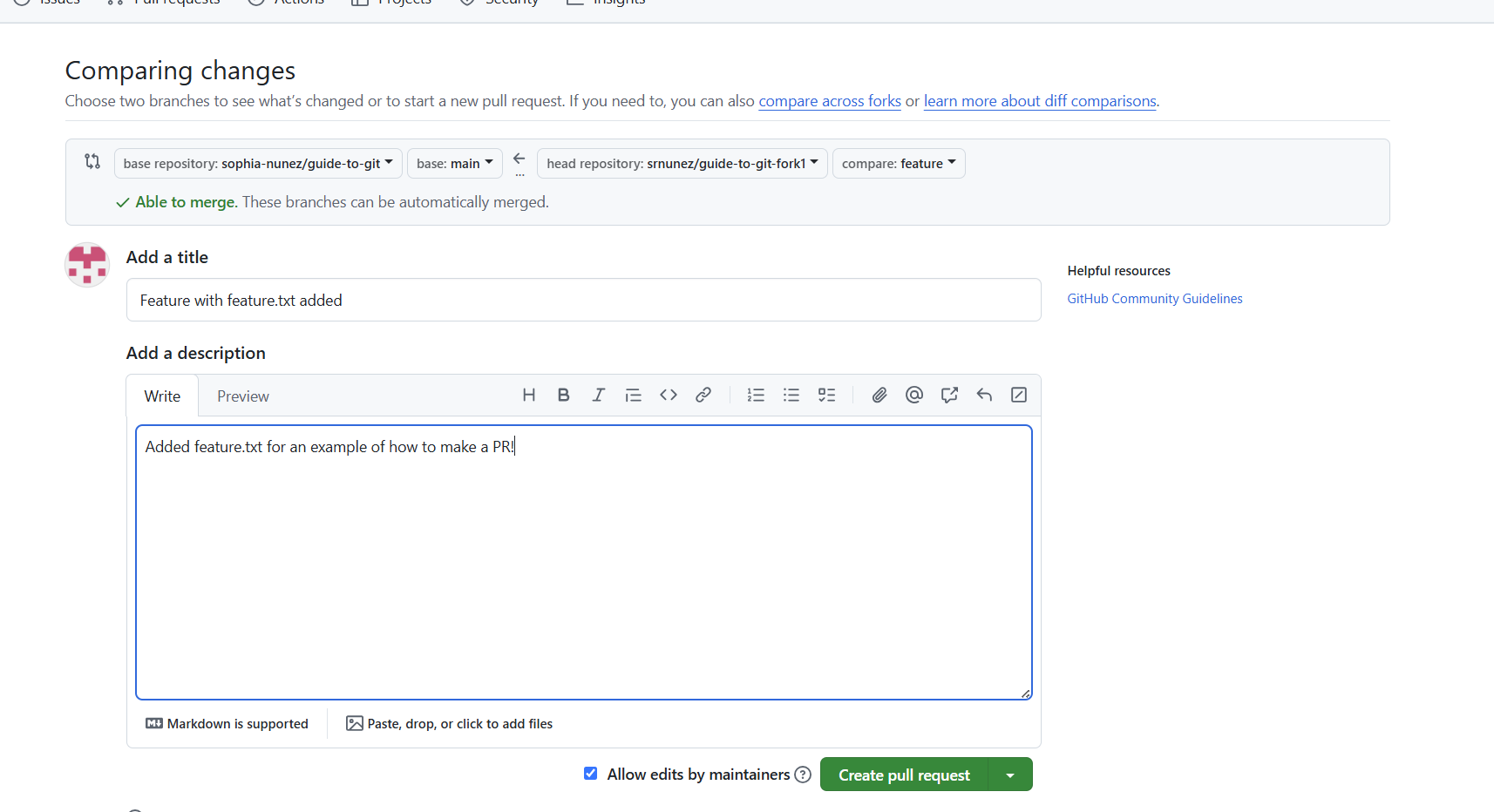 Image of the Pull Request submission page