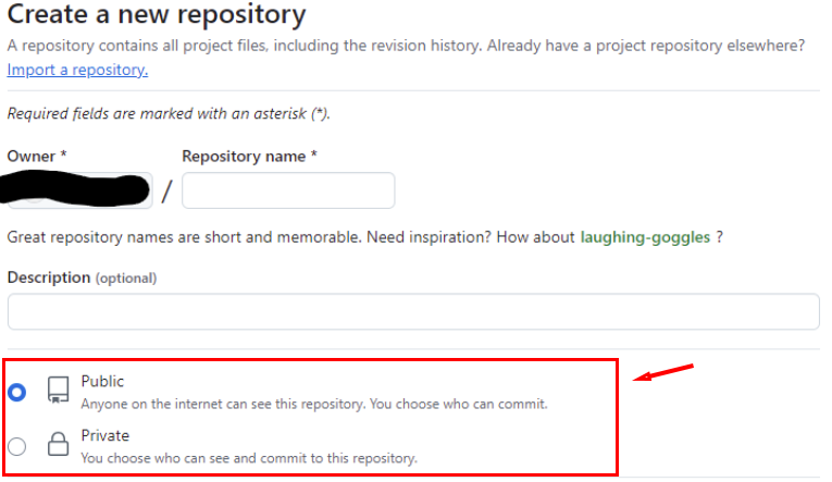 Image of the repository creation screen, with the selection for privacy settings boxed in red