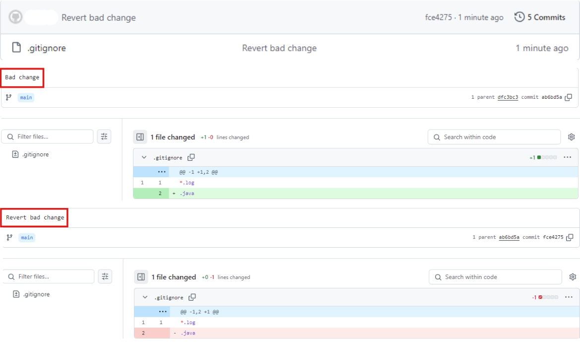 Image of GitHub commit history before and after the revert